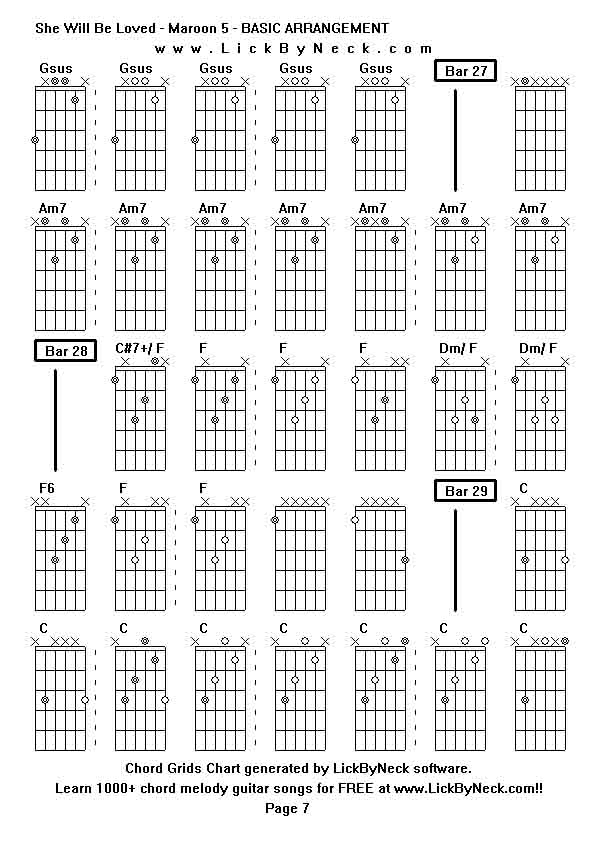 Chord Grids Chart of chord melody fingerstyle guitar song-She Will Be Loved - Maroon 5 - BASIC ARRANGEMENT,generated by LickByNeck software.